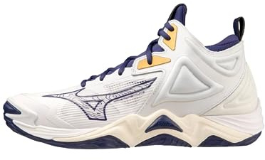 Mizuno Wave Momentum 3 Mid Volleyballschuhe, Unisex, Erwachsene, Weiß/Blau Ribbon/MPGold, 43 EU, Mehrfarbig (White Blue Ribbon Mpgold), 43 EU