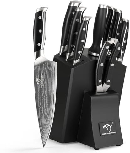 NANFANG BROTHERS Professionelles Damaskus Messerblock Set 9er Kochmesser-Set Aus Edelstahl Mit Holzblock Block Sets Schwarz