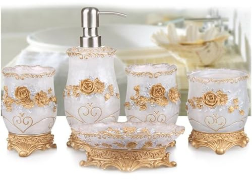 VECNUM 5Tlg Badset Badezimmer Zubehör Set Harz Luxuriöses Barock Blume Seifenspender Halter Wc Bürste Badgarnitur,Gold
