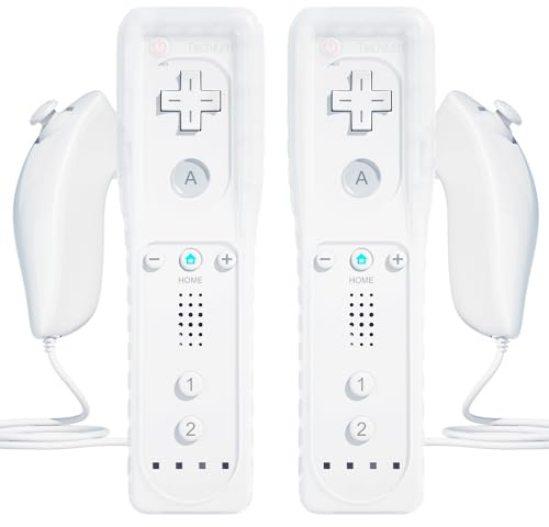TechKen 2 Pcs Remote Controller for Wii, Remote Game Controllers Compatible with Wii Remote Replacement with Silicone and Wrist Strap (White New)