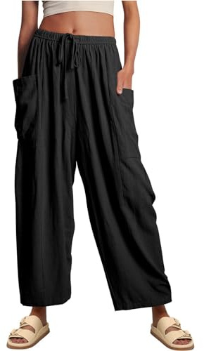 Weishuo Pantalones Anchos Mujer Verano de Poliéster Ligeros y Cómodo Pantalon Ancho Elegante Pantalón Cintura Alta Elastico con Cordón Pantalones Largos Causal con Bolsillos, Negro, XXL