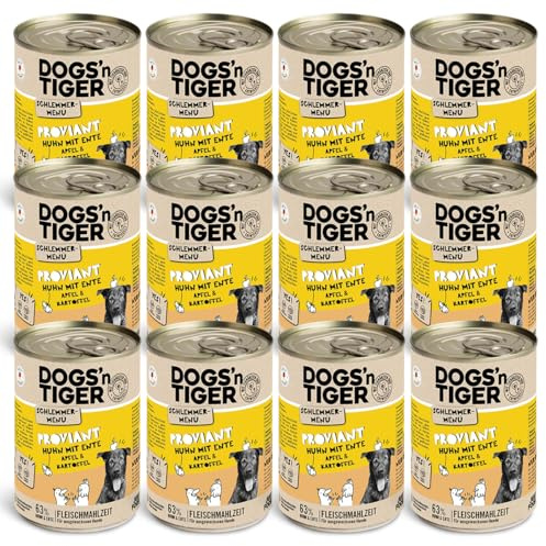 Dogs'n Tiger Proviant Nassfutter Hund, Huhn & Ente, 12x 400g | Hundefutter nass, mit Apfel & Kartoffel, hoher Fleischanteil, getreidefrei, ohne Zuckerzusatz, ohne Konservierungsstoffe