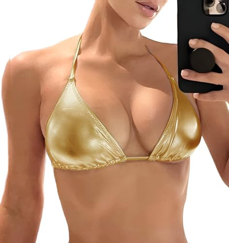 Dam metallisk bikinitopp – halterglänsande triangel bralette-rave toppar slips sida baddräkt BH, Guld, L
