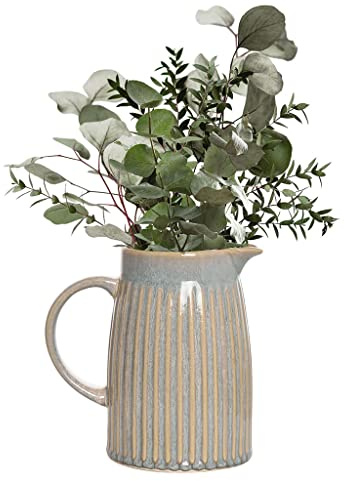 Pitcher Jug Vase Blue Ribbed Flower Vase Glazed Ceramic Jug (Medium) | Ceramic Vase, Pitcher Jug, Jug Vase, Ceramic Jug, Centrepiece, Flower Vase, Flower Jug, Blue, Glazed, Embossed