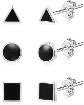 ALEXCRAFT Rund Eckige Dreieck Ohrringe Silber 925 Schwarz Gothic Ohrstecker Set Klein Damen für Frauen Freundin Mama Mädchen 3 Paar