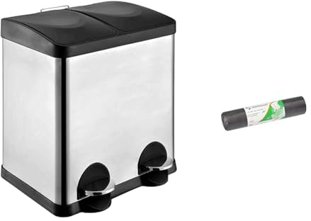 Amig - Poubelle de cuisine double recyclage avec pédales, acier inoxydable anti-empreintes digitales & Lot de 50 sacs poubelle en PEBD 1A Gris 15 l