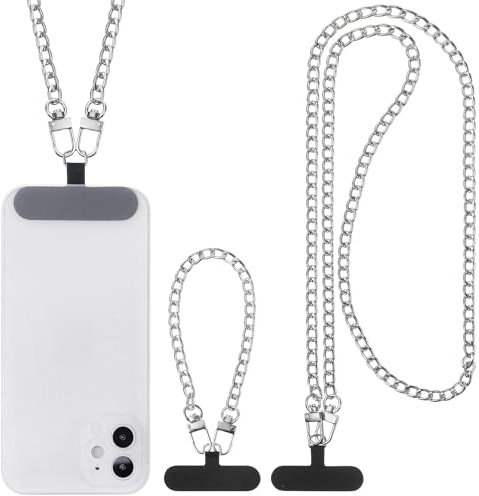 Canlierr 2 Pack Phone Chain Crossbody Phone Strap Lanyard Metal Neck Wrist Bracelet Chain Charm with Tether Tab for Women(Silvery)