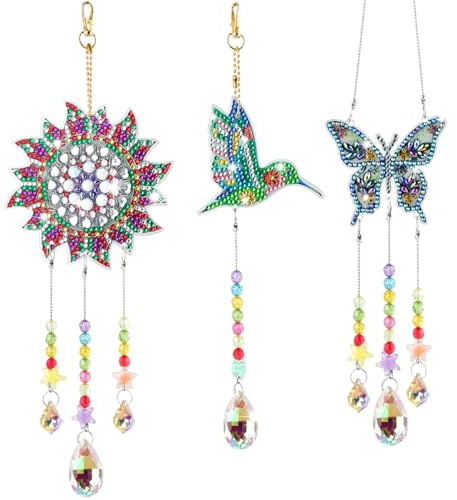 TIMESETL Diamond Painting Windspiel Set - 5D Sonnenfänger 3 Stück Art Schmetterling, Sonnen, Vogel - Diamant Anhänger für Garten, Hof, Fensterdekoration