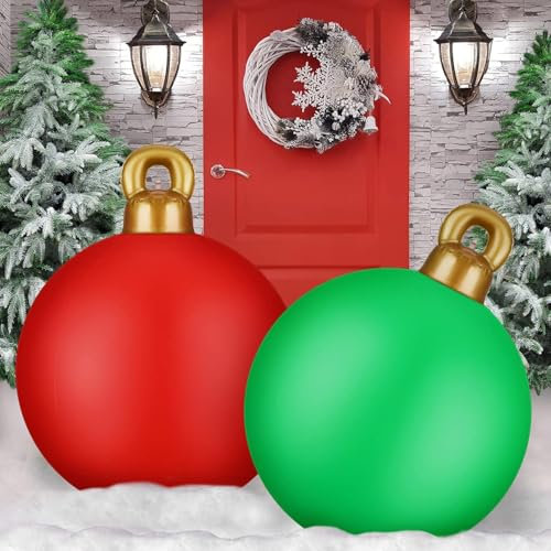KAHEIGN 2 Pezzi Palline di Natale Gonfiabili Giganti, 60CM Rosso Verde Palle Decorativa Natalizio Gonfiabile in PVC per Natale Interno Esterno Casa Giardino Prato Cortile Portico Decorazione