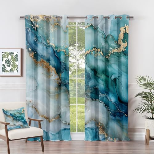 Generisch Vorhänge Marmor - Gold Blau Abstrakt Luxus Fenster Gardinen mit Ösen, Vorhang Blickdicht Verdunklungsvorhänge Thermovorhang für Wohnzimmer Schlafzimmer Deko 2er Set, H 160 x B 132 cm K#-311
