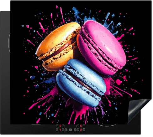 KitchenYeah© Herdabdeckplatte Einteilig Küche Herdabdeckung Induktionsfeld | 60x52 cm - Ceranfeld Herdabdeckplatten Vinyl Matte Aufrollbar Makronen - Graffiti - Farbenfroh - Rosa - Blau - Gelb
