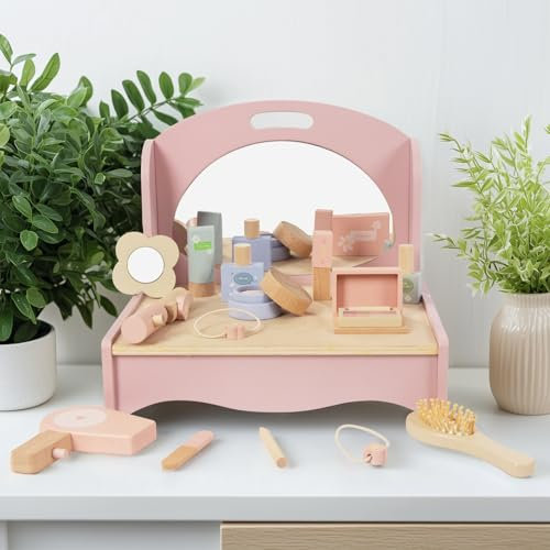 WOODENFUN Coiffeuse de bureau en bois rose pour filles, coiffeuse pliable, équipée de 14 accessoires de maquillage