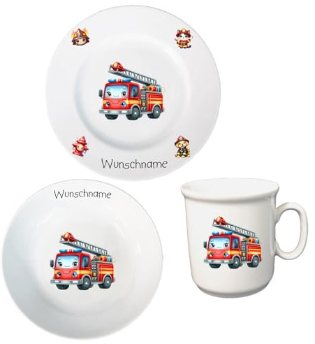 Kindergeschirr personalisiert - Frühstücksservice 3-tlg. Porzellan Teller Becher Schale personalisierbar mit Wunschname Name Frühstücksset mit Namen personalisiert (Kids Feuerwehr)