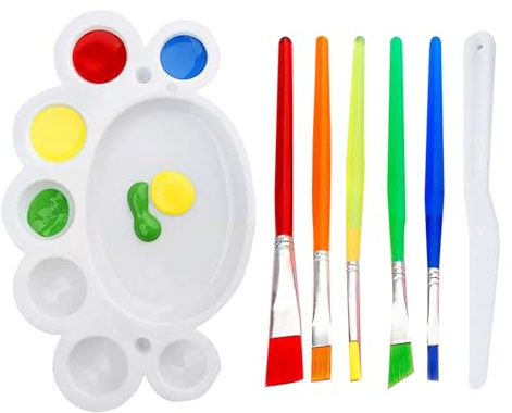 PEAPIN 7 Pcs Kids Paint Brushes Set, Kids Painting Set with Palette | Includes 5 colourful brushes, palette and scraper for children, toddlers, beginner art, watercolour and acrylic painting