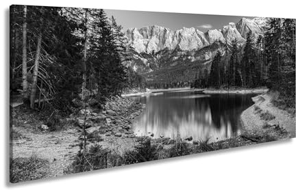 Leinwandbild Stilles Wasser spiegelt die Erhabenheit der Alpen. Panorama 100x50cm Effekt:Schwarz&Weiß XXL Kunstdruck Bild auf Keilrahmen/Wandbild/Wohnzimmer Dekoration