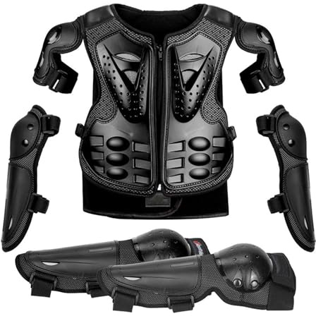 Tuta Protettiva per Moto per Bambini Anti-Caduta con Ginocchiere e gomitiere, Protezione Completa per Il Corpo per Motocross Pattinaggio Ciclismo Enduro ATV MX, dai 4 ai 14 Anni,Black-One Size