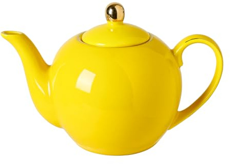 PRECITIME 30oz Yellow Porcelain Teapot, Sunny Ceramic Teapot with Gold Trim | Teapot with a Speckled Glaze, for Loose Leaf and Blooming Tea, Tea Party Essential