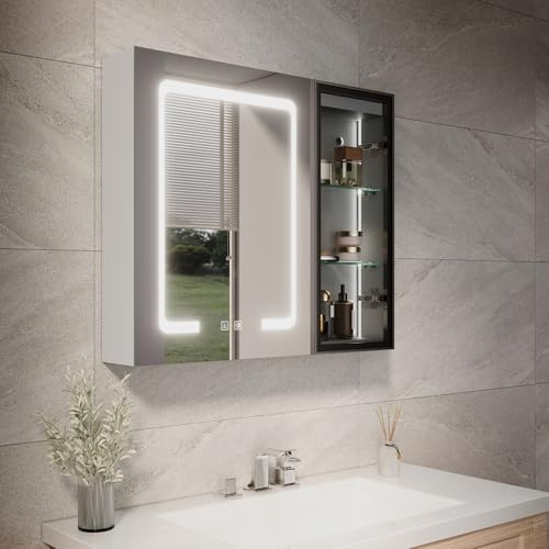 ELEGANT 700x600mm Wall Mounted Bathroom Mirror Cabinet with LED Lights, Fully Assembled Open Shelf Mirror Cabinet with 3 Colors Dimmable, Defogger and Shaver Socket, Grey