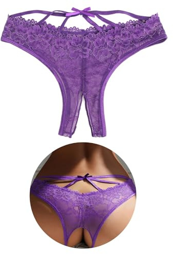 comeondear Tanga Sexy Mujer Eróticos Bragas Abiertas de Encaje String Ouvert Tanga Divertida de Cintura Baja Sin Entrepierna Ropa Interior Sexy Lenceria Eróticos Thong Transparente Lazo Morado,L