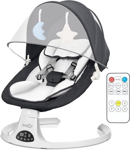 Baby Bouncer, Portable Electric Baby Swing with Bluetooth, 5 Swing Speed, 3-Stage Timer, 5-Point Harness, Remote Control & Touch Panel, Bouncer from Birth with 2 Soft Toys & Soft Pillow (Black)