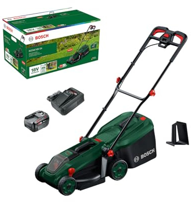 Bosch cortacésped a batería ROTAK18V-34 (Anchura de Corte: 34 cm, Altura de Corte: 25-65 mm, cesto de Tela de 35 l, tapón para triturado, Incluye batería y Cargador)