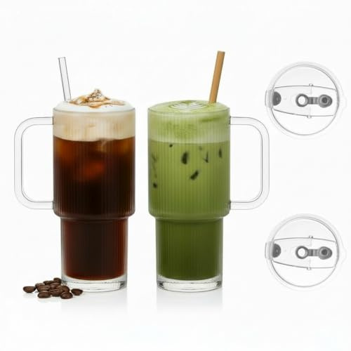 SFHKZCM 2-Pack Glass Cups with Lids and Straws,Stylish Iced Coffee Tumblers for Hot & Cold Beverages,Aesthetic Travel Mugs for Smoothies, Tea, and Juices