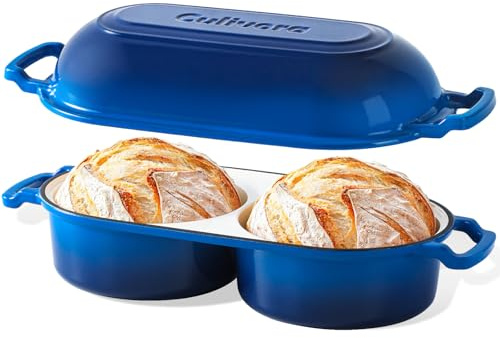 Cast Iron Bread Pan with Lid, Enamel Sourdough Baking Dutch Oven Pot, Double Round Loaf Space for Homemade, Bread, Cake, Meatloaf, 16.5cm Diameter, 500°F Oven Safe, Non Stick, Blue