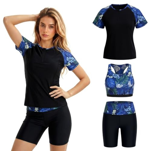 Owntop UV Rashguard set dam 3-delad – kortärmad simskjorta med linne och badbyxor, snabbtorkande badkläder med UV-skydd för strand simning vattensport, svart, S