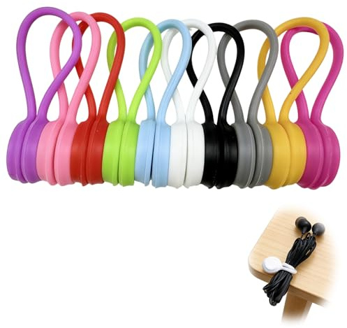 Set med magnetiska kabelklämmor i silikon, färgglad kabelorganisatör, återanvändbart kabelband för kabelförvaring, kabelklämma för hörlurar, USB, kontor och hem (10 färger)