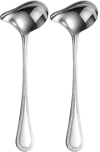 Mestolo per salsa in acciaio inox, 20 cm, con beccuccio inclinato, per condimenti, zuppe, salse, arrosti, mestolo con foro per appenderlo (argento)