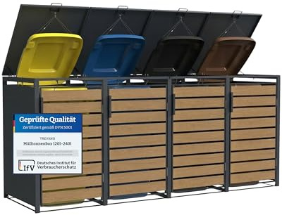TREVANO Mülltonnenbox 4er 240l - Mülltonnenverkleidung 4 Tonnen Holz Optik - Robustes Mülltonnenhaus aus Stahl - Wetterbeständige Müllboxen für 4 Tonnen - Mülltonnen Unterstand 120l-240l