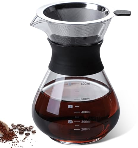 Pour Over Cafetera de 600 ml para café de filtro, mano de acero inoxidable, filtro de mano de vidrio con filtro permanente, cafetera manual de goteo, para casa, cafetería, restaurante, camping