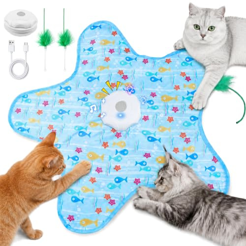 Juguete interactivo para gatos de todas las edades | Juguete para gatos eléctrico recargable, juguete de inteligencia para gatos con sonidos de ratón y 2 plumas extraíbles
