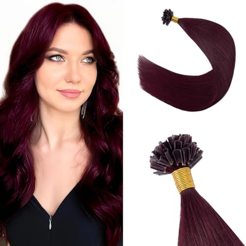 Silk-co Keratin-Extensions, 50 Strähnen, Warmbefestigung, U-Spitze (1 g/Strähne), Echthaar, vorgebunden, U-Tip, Menschenhaar, 50 cm, 99J Rotwein