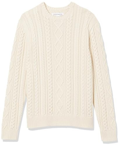 Amazon Essentials Men's Long-Sleeve 100% Cotton Fisherman Cable Crewneck Jumper, Off-White, XL
