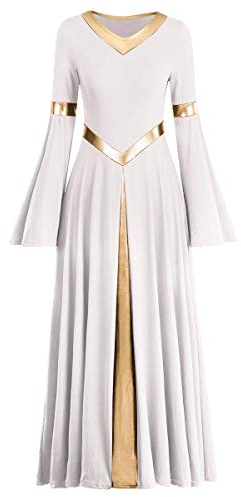 IBAKOM Metallic Gold V Neck Praise Dance Dress for Women Bi Color Block Liturgical Long Loose Fit Full Length Swing Worship Gown Ruffle Tunic Circle Skirt Costume Church Robe Praisewear White M
