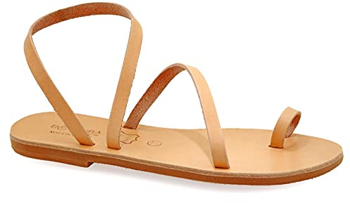 Emmanuela Sandalias de piel griega con anillo para el dedo, zapatos de verano hechos a mano, sandalias de tirantes, sandalias planas bohemias chic, plateadas, oro rosa, estampado animal, Beige, 38 EU