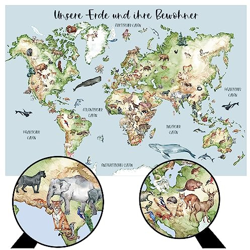 Schokoladenseite A0 (118x84 cm) xxl Kinderposter Weltkarte mit 160 Tierarten | Lernkarte für terra kids | Kinderzimmerposter modern Wanddekoration