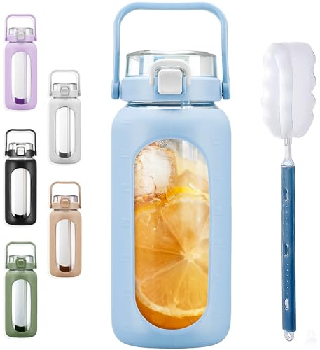 BLUEGO - Botellas de agua de vidrio de 64 onzas con marcador de tiempo de pajita, botella de agua motivacional grande de medio galón con funda de silicona, jarra de agua de vidrio grande de 2 litros