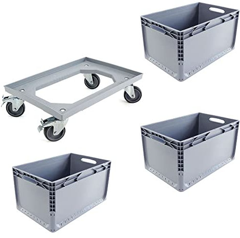Schnellkarton Set 3 Euroboxen + Rollwagen Transportwagen Transportroller Eurobehälter Lagerbox Grau Kistenroller Behälter Lagerkiste Stapelbox Lagerkasten Box Euronormbox Eurokiste Grau