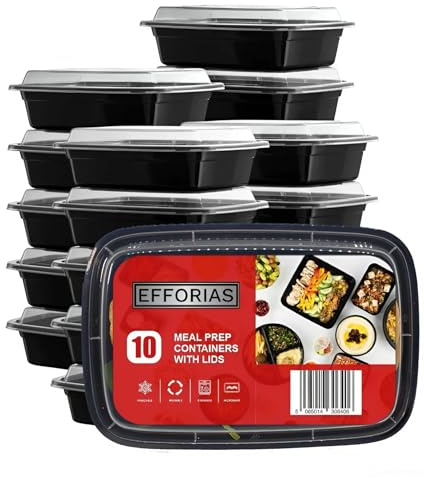 Efforias Lot de 10 récipients alimentaires réutilisables en plastique à 1 compartiment avec couvercles hermétiques - Passent au micro-ondes, au congélateur et au lave-vaisselle - 800 ml