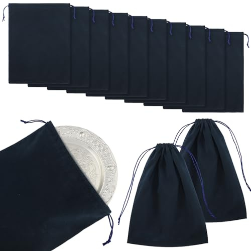 Lot de 10 sacs de rangement pour argent, 22,9 x 30 cm, tissu anti-ternissement pour bijoux en argent, argenterie, couverts, nettoyage et ternissement (bleu marine)