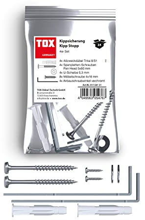 TOX Kipp Stopp Kippsicherung für Möbel, sicherer Halt in Allen Räumen und nahezu jedem Baustoff für Regale, Schränke, Kommoden UVM, optisch unauffällig und schnell zu montieren, 4 Stück, 01160131