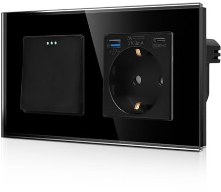CNBINGO Lichtschalter mit Schuko Steckdose,Glas Steckdose mit USB (Typ-C und Typ-A) Modernem Steckdose Unterputz,1 Fach 1 Weg Schwarz