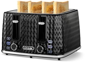 Linsar - 4 Slice Toaster - Unique Curved Texture - Defrost, Reheat, Cancel Functions - 7 Browning Levels, Wide Slots, Removable Crumb Tray - Automatic Switch Off - 1600 Watt (Black)