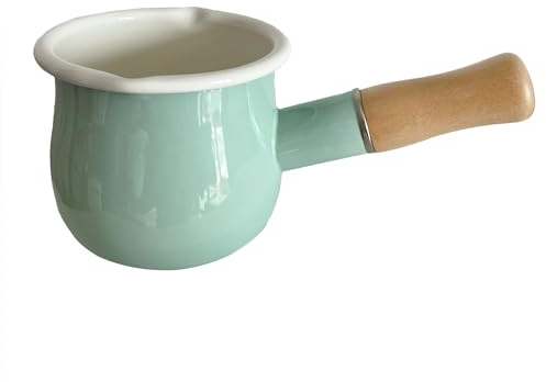 FYUEROPA Enamel Milk Pot, Butter Warmer Non-stick Mini Saucepan, 4 Inch 17 Oz Small Cookware with Wooden Handle(Green)