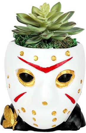 Yearsahrk Sukkulenten Töpfe Horror Film Blumen Topf Dekoration Lustige Geister Clown Kopf Blumentopf für Drinnen und Draußen Garten Halloween Harz Einzigartiges Dekor (Jason)
