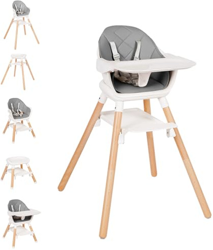 Komcot High Chair, 6 in 1 Wooden Convertible High Chairs for Babies and Toddlers, Booster Seat with Double Tray & Reversible Footrest Baby Highchair, 5-Point Harness Baby Feeding Chair, Grey