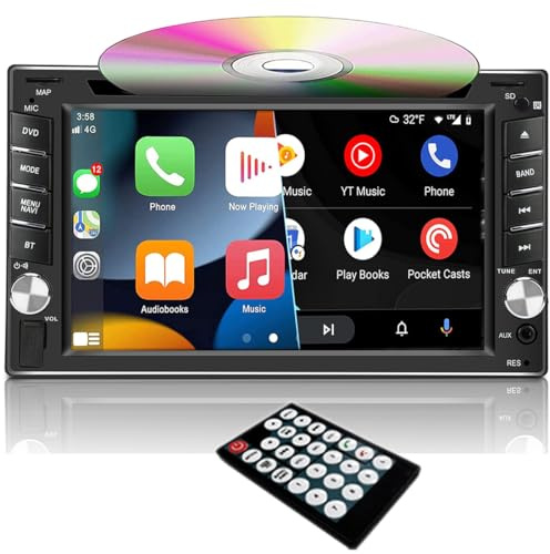Auto Estéreo Doble DIN con Reproductor de CD/DVD, Autoradio con Pantalla táctil de 6.2“ con iOS CarPlay y Android Auto, Bluetooth, RDS, Mirror Link, SWC, Receptor de Audio para automóvil Am/FM