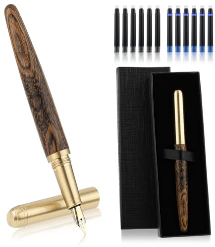 Amaxiu Luxus Füllfederhalter Set aus Holz, Füllfederhalter aus Holz mit feiner Feder, Vintage Holzstift mit 12 2,6 mm Tintenpatronen und Geschenkbox für Journaling, Geschäftsbürobedarf(B)